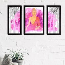 eCraftIndia Set of 3 Multicoloured Meditating Lord Buddha Satin Matt Texture UV Wall Arts-7