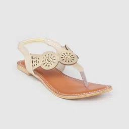 Shezone Women Beige Laser Cut Open Toe Flats-43