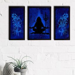 eCraftIndia Set of 3 Blue & Black Lord Shiva Satin Matt Textured UV Wall Paintings-18