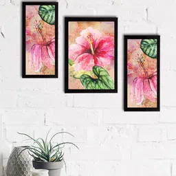 eCraftIndia Set of 3 Pink & Green Botanical & Floral Satin Matt Textured UV Wall Paintings-10