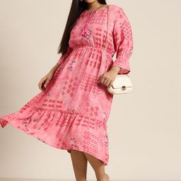 Sztori Plus Size Print Tie-Up Neck Bell Sleeve Blouson Midi Dress-picture-40