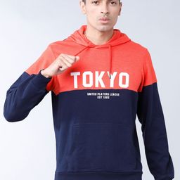 HIGHLANDER Men Navy Blue & Orange Colourblocked Hooded Sweatshirt-17