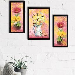 eCraftIndia Set of 3 Pink & Yellow Botanical & Floral Satin Matt Textured UV Wall Paintings-image-29