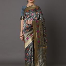 Mitera Grey Silk Blend Woven Design Kanjeevaram Saree-image-1