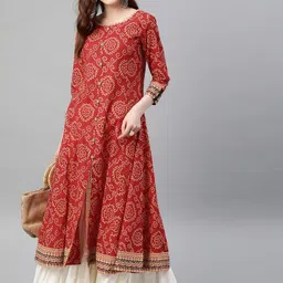 YASH GALLERY Women Red & Cream-Coloured Printed A-Line Kurta-21