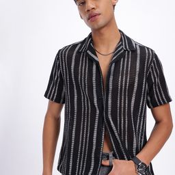 glitchez Monochrome Edge Open Knit Crochet Striped Shirt-image-56