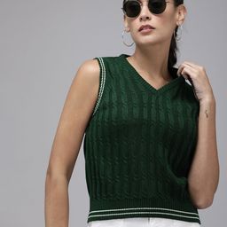 The Roadster Lifestyle Co. Acrylic V-Neck Self-Design Cable Knit Sleeveless Sweater Vest-image-3