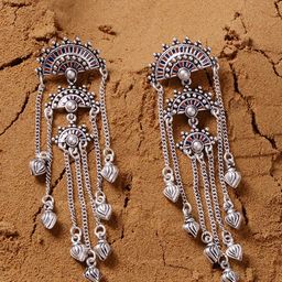 Voylla Silver-Plated Oxidised Contemporary Drop Earrings-18
