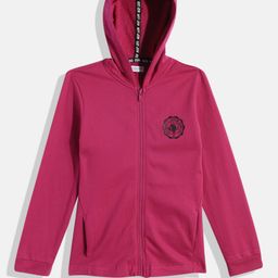 U.S. Polo Assn. Kids Girls Magenta Pink Hooded Front-Open Sweatshirt With Brand Logo Print-image-69