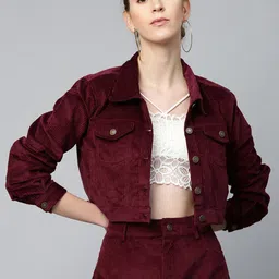 SASSAFRAS Women Burgundy Self-Striped Corduroy Crop Tailored Jacket-picture-19