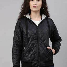 Campus Sutra Women Black Hooded Quilted Jacket-image-80