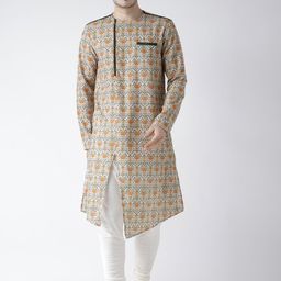 KISAH Men White & Orange Printed Straight Kurta-53