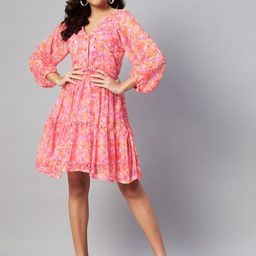 plusS Pink & Orange Floral Puff Sleeves Dress-image-92