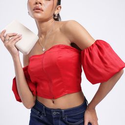 glitchez Soft & Sleek Crinkled Satin Finish Crop Bardot Top-image-18