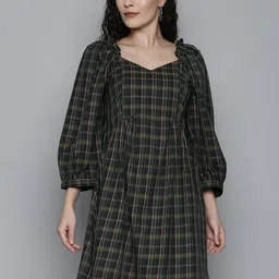 SCOUP Multicoloured Cotton Checked Fit & Flare Dress-picture-18