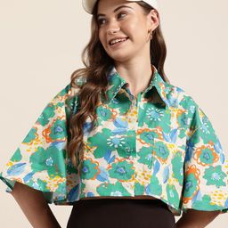 HERE&NOW Floral Print Flared Sleeve Shirt Style Crop Top-picture-30