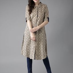 HERE&NOW Women Beige & Brown Printed A-Line Kurta-47