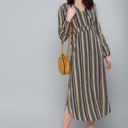 Mast & Harbour Women Black & Mustard Yellow Striped Wrap Dress-image-99