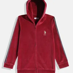 U.S. Polo Assn. Kids Girls Fuchsia Hooded Front-Open Sweatshirt With Taping Detail-image-9