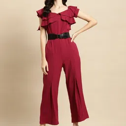 WoowZerz Maroon Basic Jumpsuit with Ruffles-picture-7