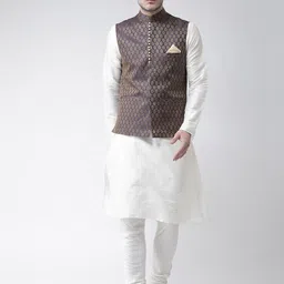 DEYANN Men White & Navy Blue Solid Kurta with Pyjamas & Nehru Jacket-20