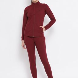 Invincible Women Burgundy Solid Slim-Fit Tracksuit-image-108