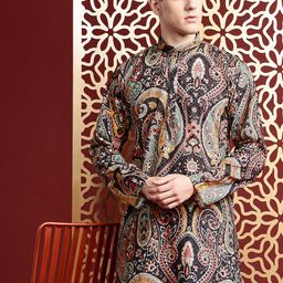 MANQ Men Ethnic Motifs Printed Regular Thread Work Pure Cotton Kurta with Trousers-1