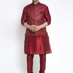 Benstoke Men Maroon Solid Kurta with Churidar and Nehru jacket-picture-27
