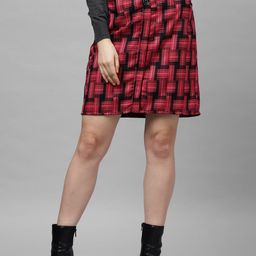 Athena Women Burgundy & Black Checked Woolen A-Line Skirt-image-24