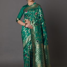 Mitera Green & Gold-Toned Silk Blend Woven Design Kanjeevaram Saree-image-33