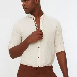 Trendyol Men Off Beige Pure Cotton Solid Casual Shirt-picture-6
