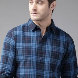 Roadster Men Navy Blue & Red Pure Cotton Windowpane Checked Casual Shirt-13