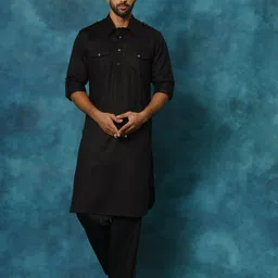 VASTRAMAY Men Black Solid Kurta with Pyjamas-picture-34