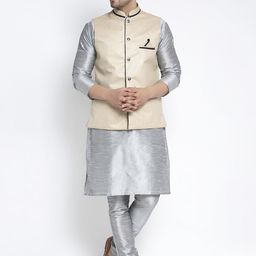 Benstoke Men Silver-Toned Solid Kurta with Pyjamas and Nehru jacket-picture-2