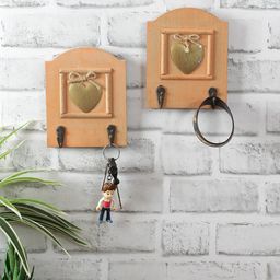 Aapno Rajasthan Set Of 2 Light Orange Hand painted Wall Hooks with Brass Heart Accent-image-42