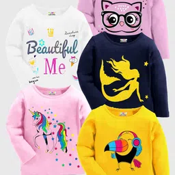 KUCHIPOO Girls Pack Of 5 Printed Round Neck Cotton Regular T-shirt-image-75