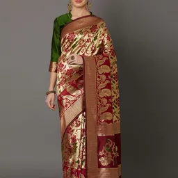 Mitera Maroon & Gold-Coloured Silk Blend Woven Design Kanjeevaram Saree-picture-5
