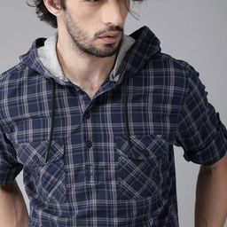 Roadster Men Navy Blue & Grey Regular Fit Checked Hooded Casual Shirt-picture-16