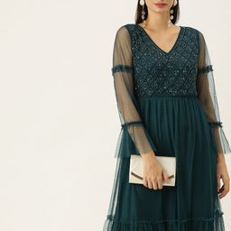 Antheaa Teal Blue Embellished Net Maxi Dress-picture-19