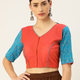 tantkatha Pink & Turquoise Blue Solid Cotton Saree Blouse-image-65