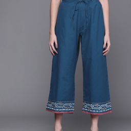 Biba Women Navy Blue Ethnic Hem Design Cotton Linen Cropped Palazzos-image-46