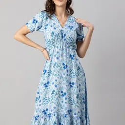Moomaya Blue Floral Print Cold-Shoulder Midi Dress-picture-25