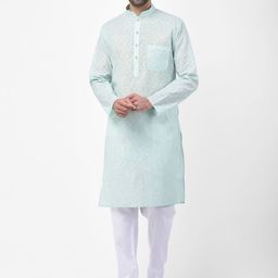 SG LEMAN Men Sea Green & White Solid Kurta with Pyjamas-51