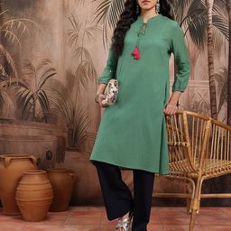 Sangria Tie-Up Neck Mirror Work Crinkled Asymmetric Hem A-line Kurta-picture-43