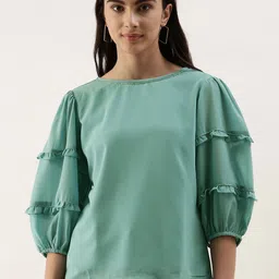 AND Sea Green Solid Tiered Detailed Sleeve Top-image-80