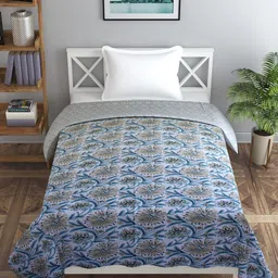 Trance home Linen Flora Blue 210 GSM Pure Cotton Reversible Single Bed Size Dohar-image-85