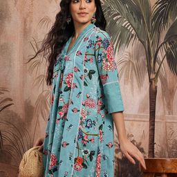 Sangria Cotton Schiffli Detail Floral Print Empire A-Line Dress-image-88