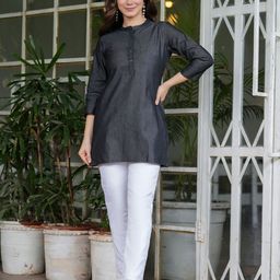 CELEBRAVO Mandarin Collar Cotton Denim Top-image-33