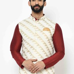 KISAH Men Cream-Coloured & Brown Printed Nehru Jacket-29