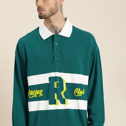 HERE&NOW Typography Printed Striped Polo Collar Drop-Shoulder Sleeves Pure Cotton T-shirt-image-101